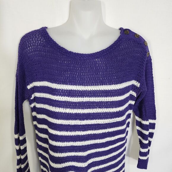 Ann Taylor Loft Womens Sweater Small Purple Ivory Striped Linen Blend Open Knit - Picture 3 of 10